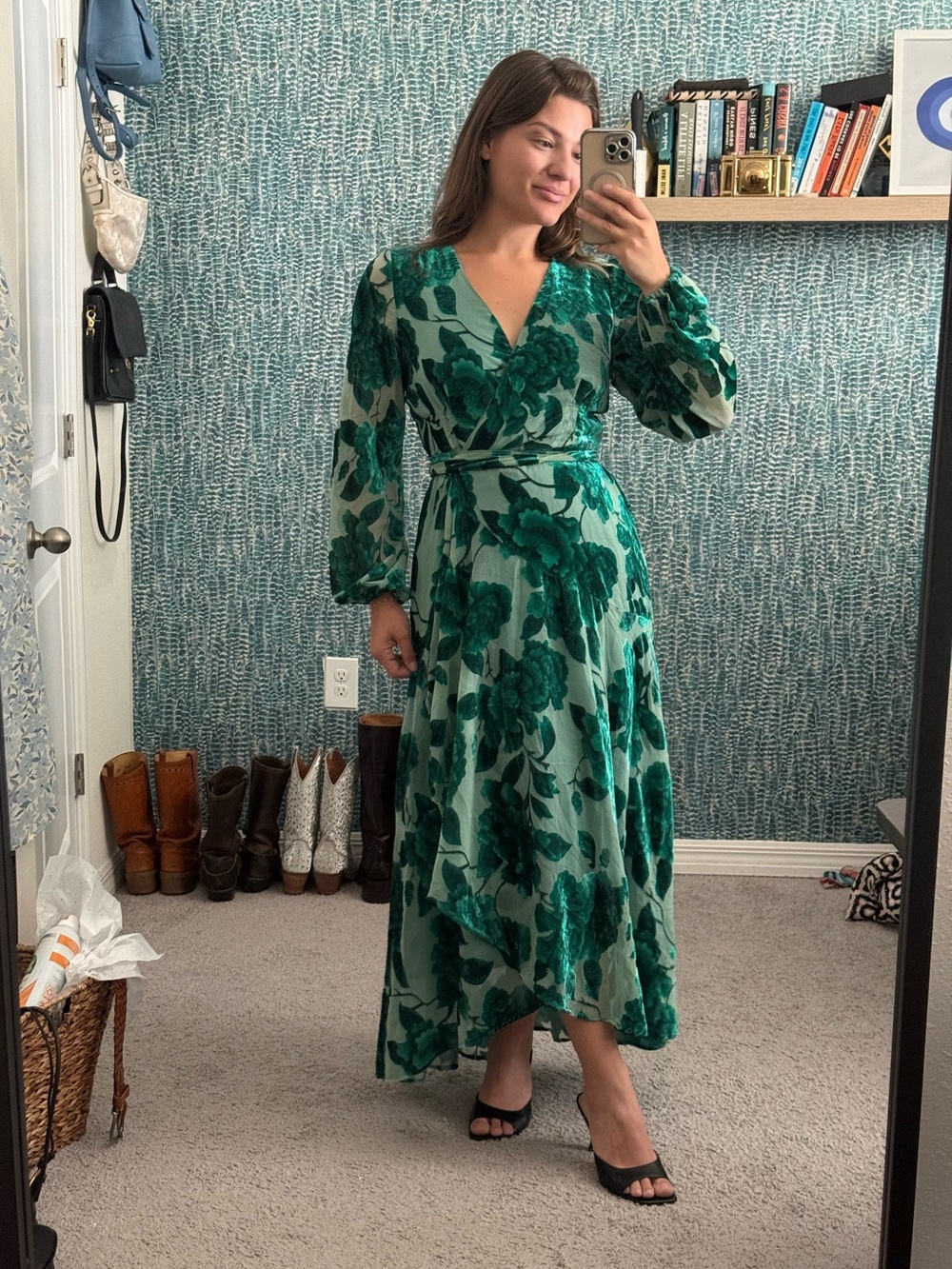 Hutch Green Floral Velvet Burnout Maxi Wrap Dress - Picture 3 of 4